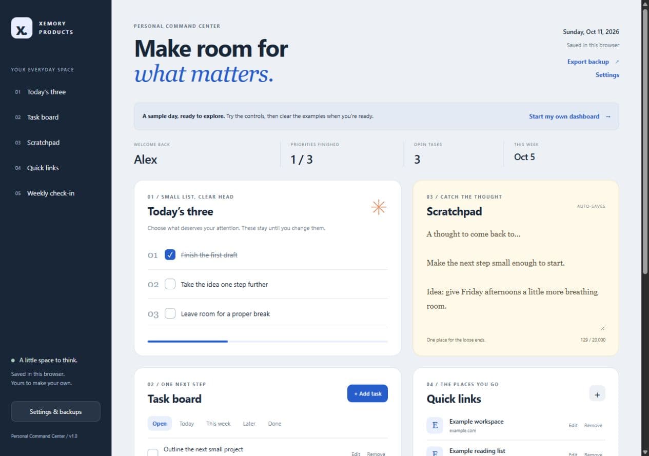 Personal Command Center showing sample priorities and notes