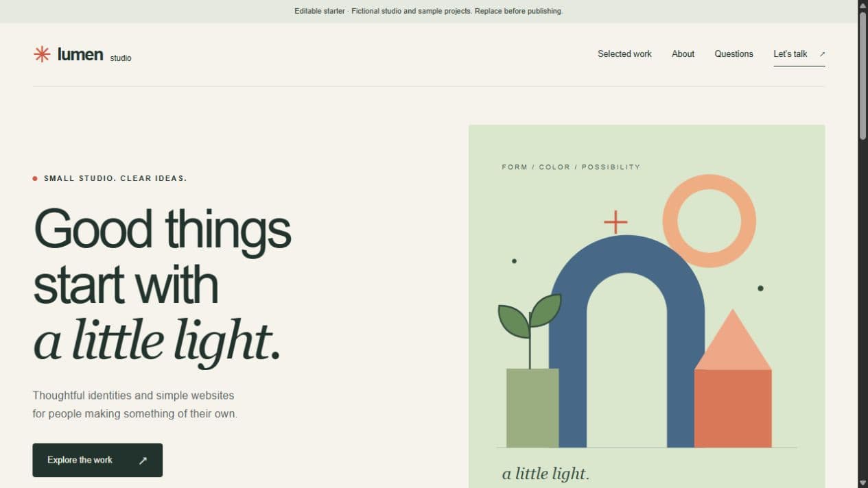 Actual Lumen website starter included with the guide; fictional studio content
